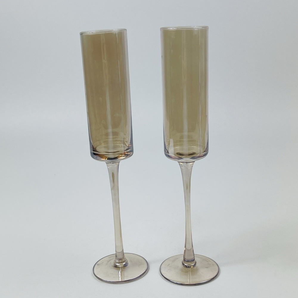 Champagne Flutes Crystal Set of 2 Clear Glass Unmarked Champagne Color Modern